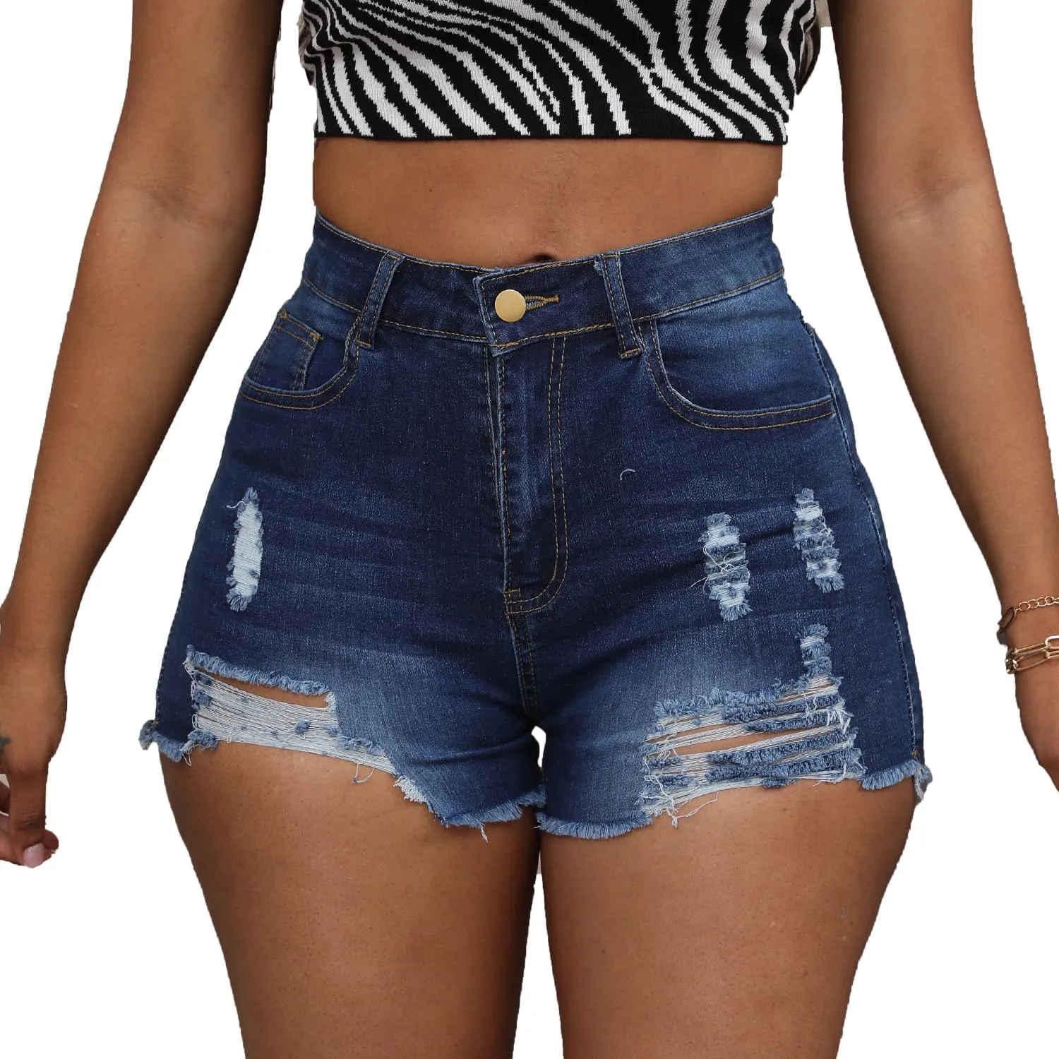 Women's Hole Denim Jeans Ripped Stretchy Denim Shorts Frayed Raw Hem Shorts Jeans