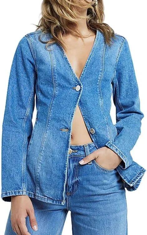 Womens Jean Jacket Casual Trendy Long Sleeve V Neck Lightweight Button Down Jean Denim shacket Tops