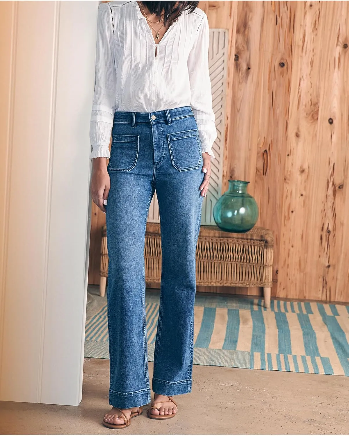 Women's Jeans High Waisted Straight Leg Jeans Stretch Terry Patch Pockets Casul Denim Pants