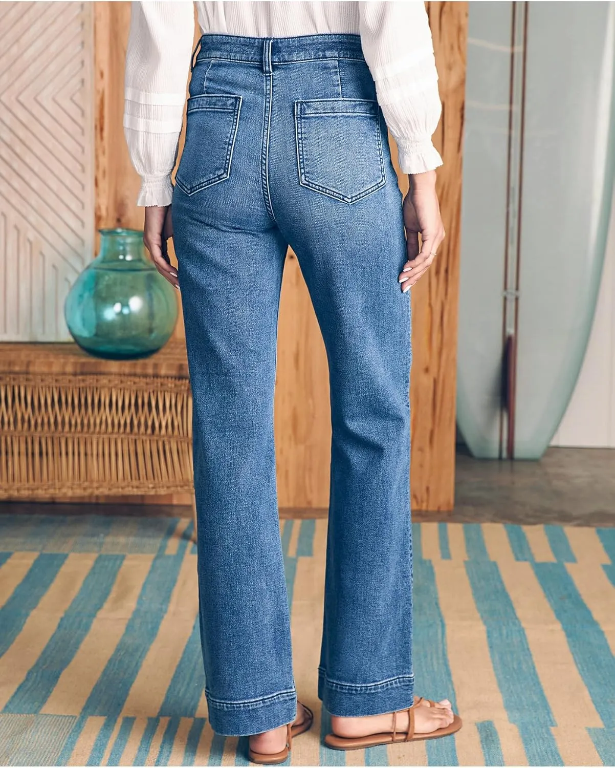 Women's Jeans High Waisted Straight Leg Jeans Stretch Terry Patch Pockets Casul Denim Pants