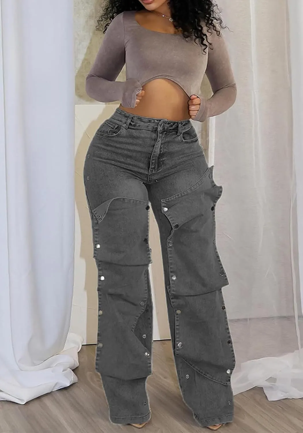 Womens Jeans Trendy Y2k Irregular High Waisted Straight Wide Leg Baggy Jeans Streetwear