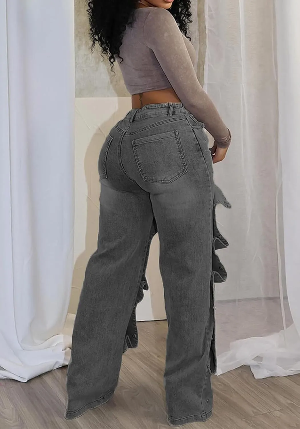 Womens Jeans Trendy Y2k Irregular High Waisted Straight Wide Leg Baggy Jeans Streetwear