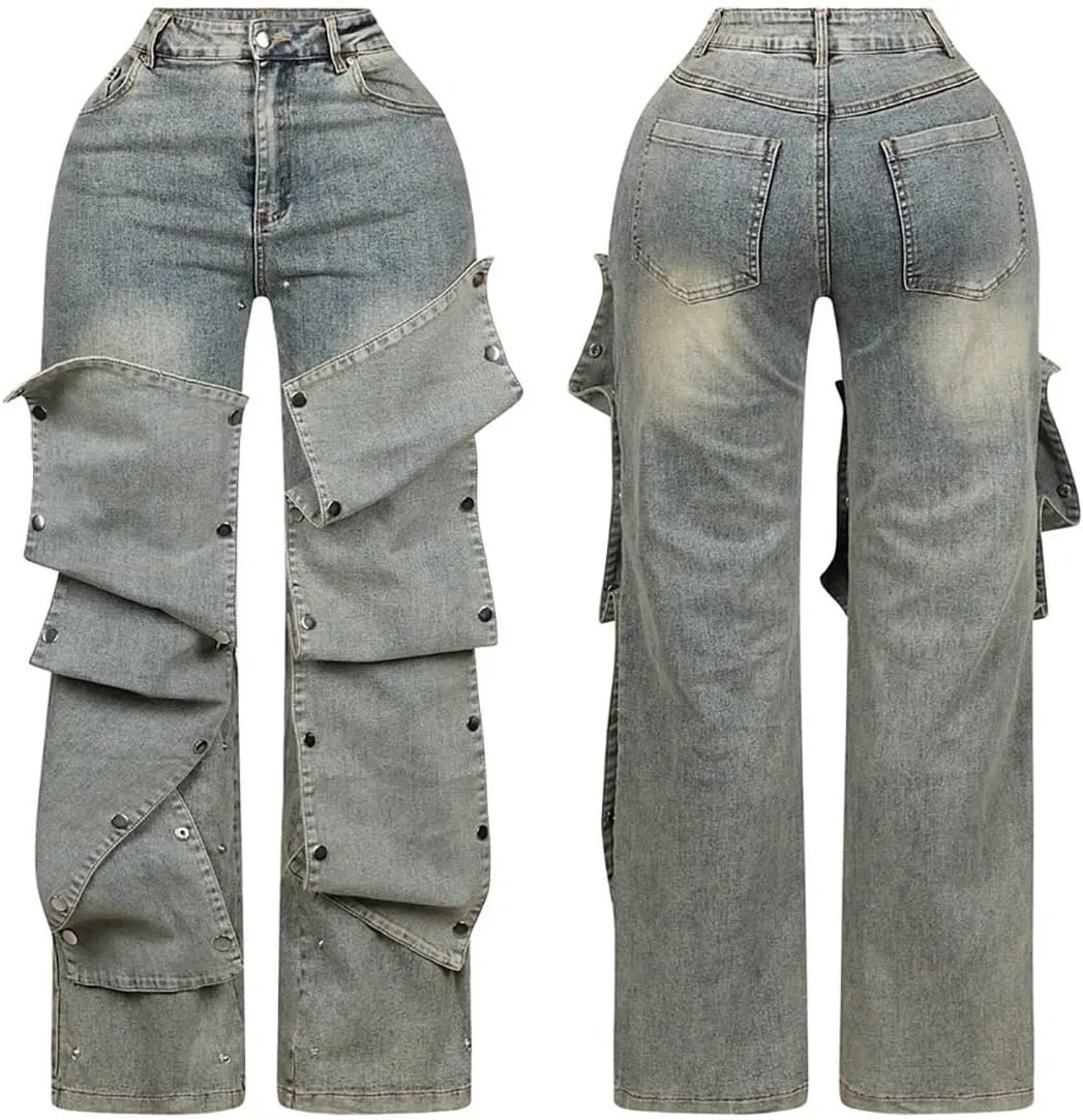 Womens Jeans Trendy Y2k Irregular High Waisted Straight Wide Leg Baggy Jeans Streetwear