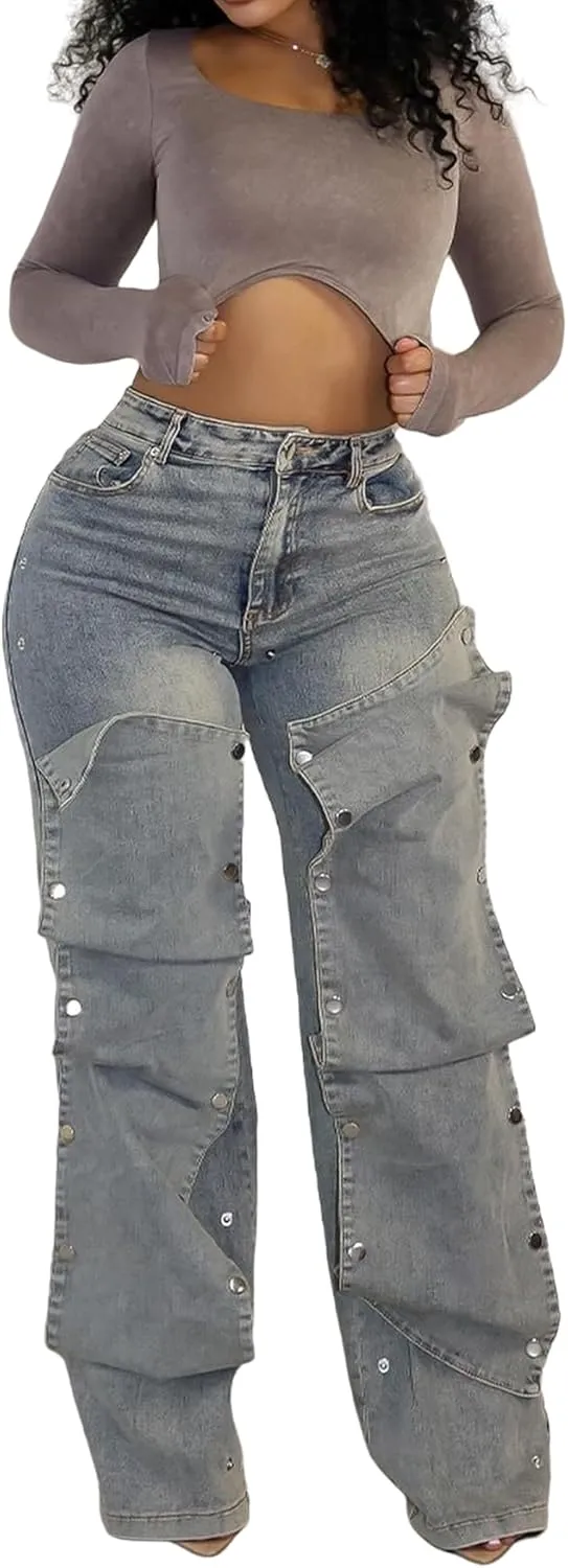 Womens Jeans Trendy Y2k Irregular High Waisted Straight Wide Leg Baggy Jeans Streetwear