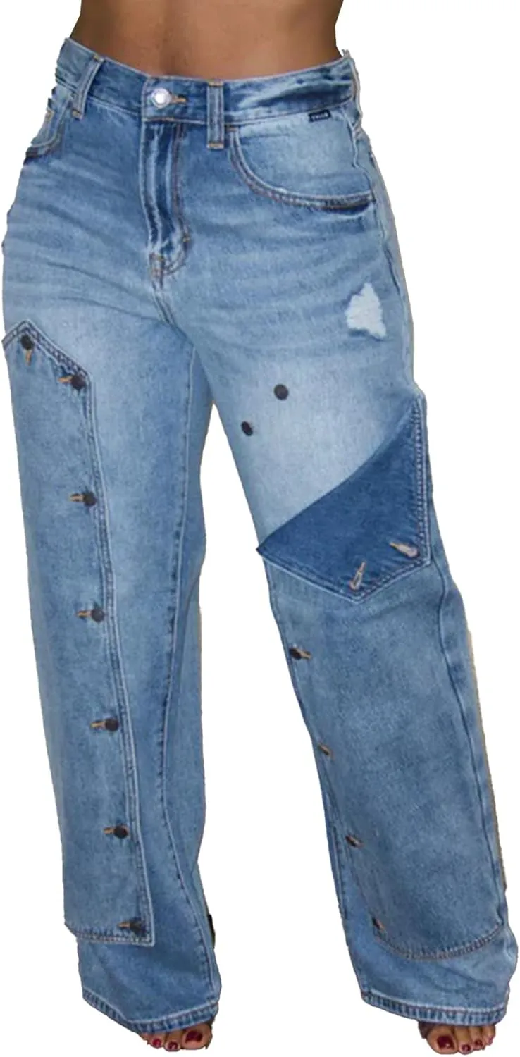 Womens Jeans Trendy Y2k Irregular High Waisted Straight Wide Leg Baggy Jeans Streetwear