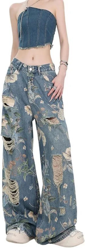 Women's Jeans, Women's Retro Floral Print with Holes, Loose Straight Leg Wide Leg Denim Pants, Y2K Jeans