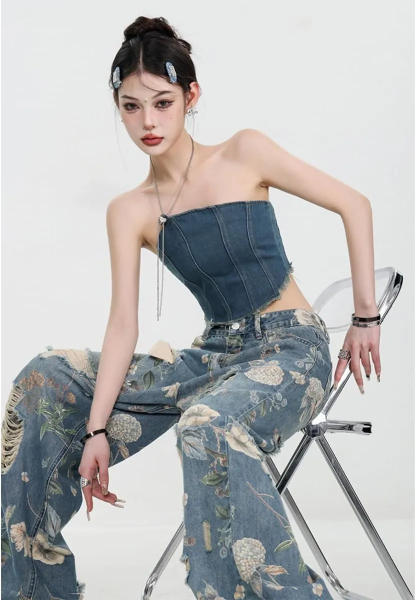 Women's Jeans, Women's Retro Floral Print with Holes, Loose Straight Leg Wide Leg Denim Pants, Y2K Jeans