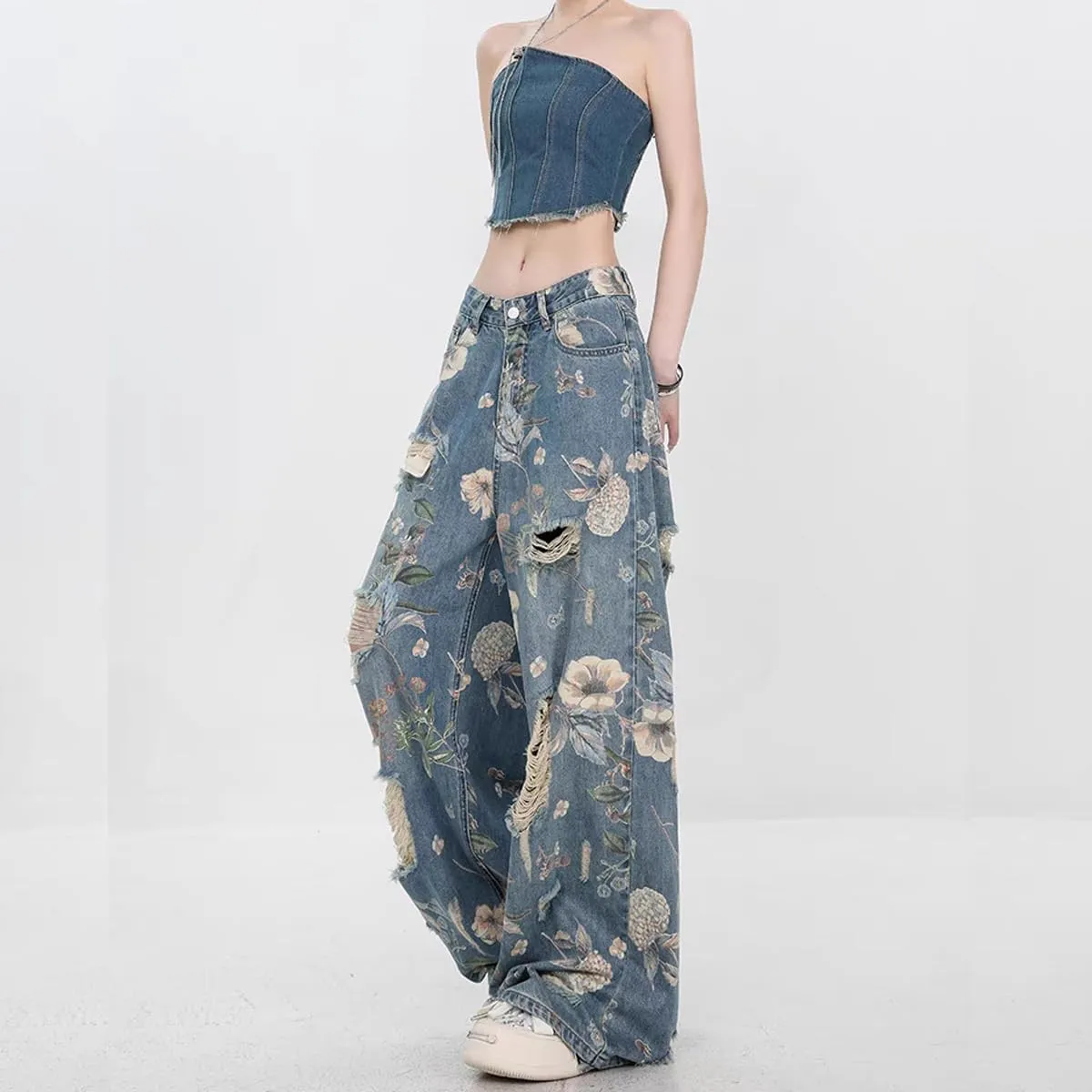Women's Jeans, Women's Retro Floral Print with Holes, Loose Straight Leg Wide Leg Denim Pants, Y2K Jeans