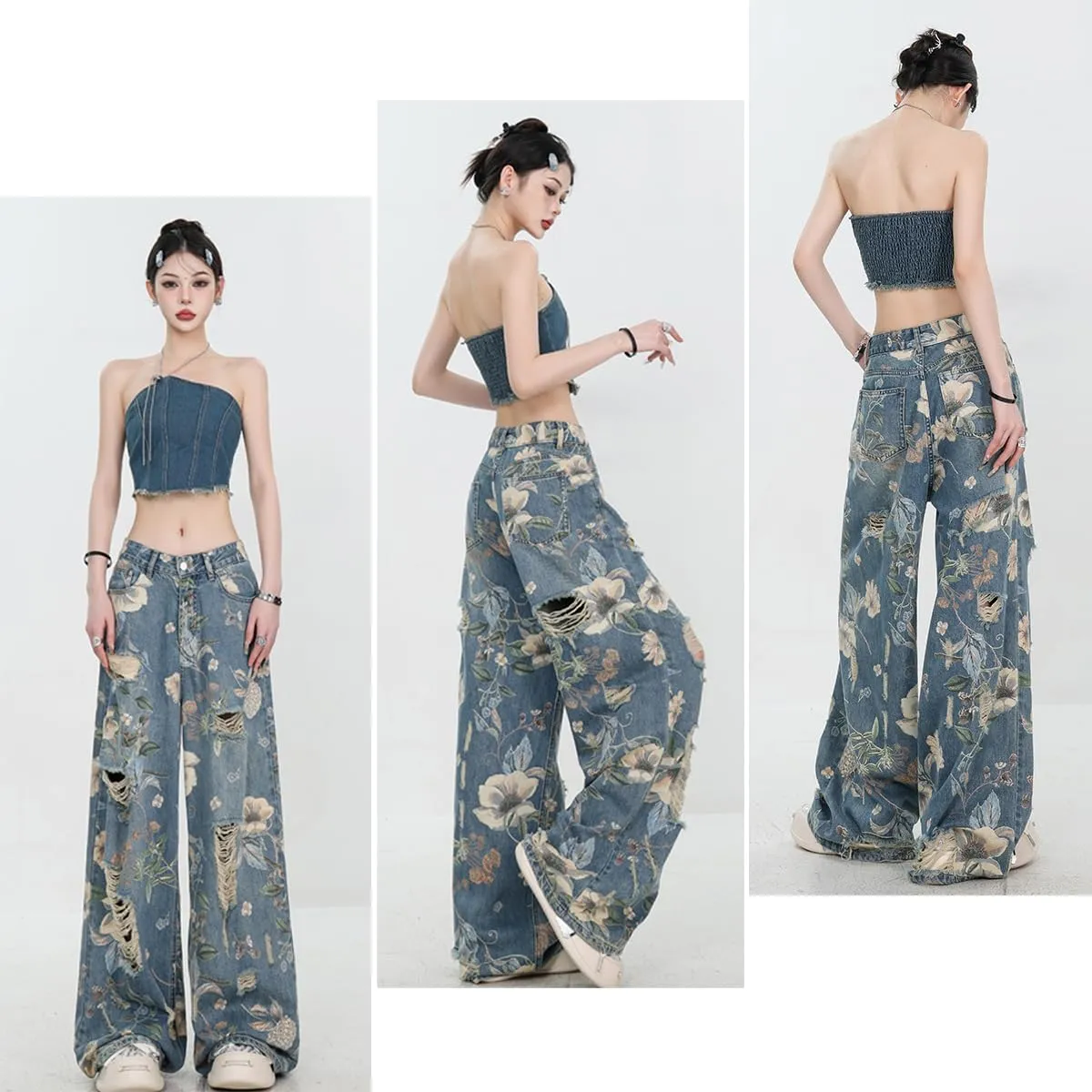 Women's Jeans, Women's Retro Floral Print with Holes, Loose Straight Leg Wide Leg Denim Pants, Y2K Jeans