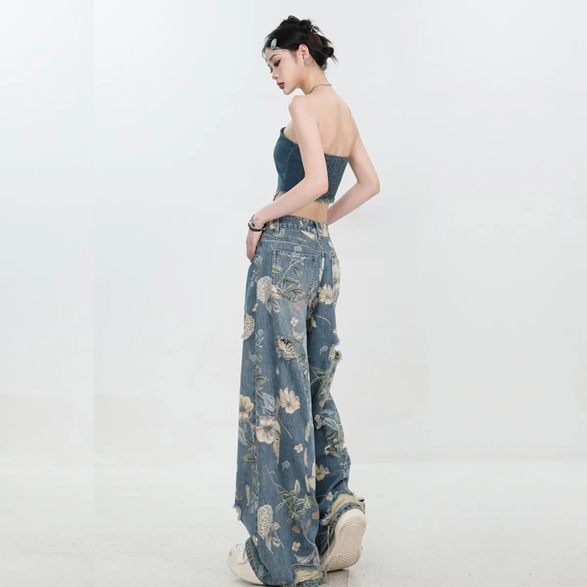 Women's Jeans, Women's Retro Floral Print with Holes, Loose Straight Leg Wide Leg Denim Pants, Y2K Jeans