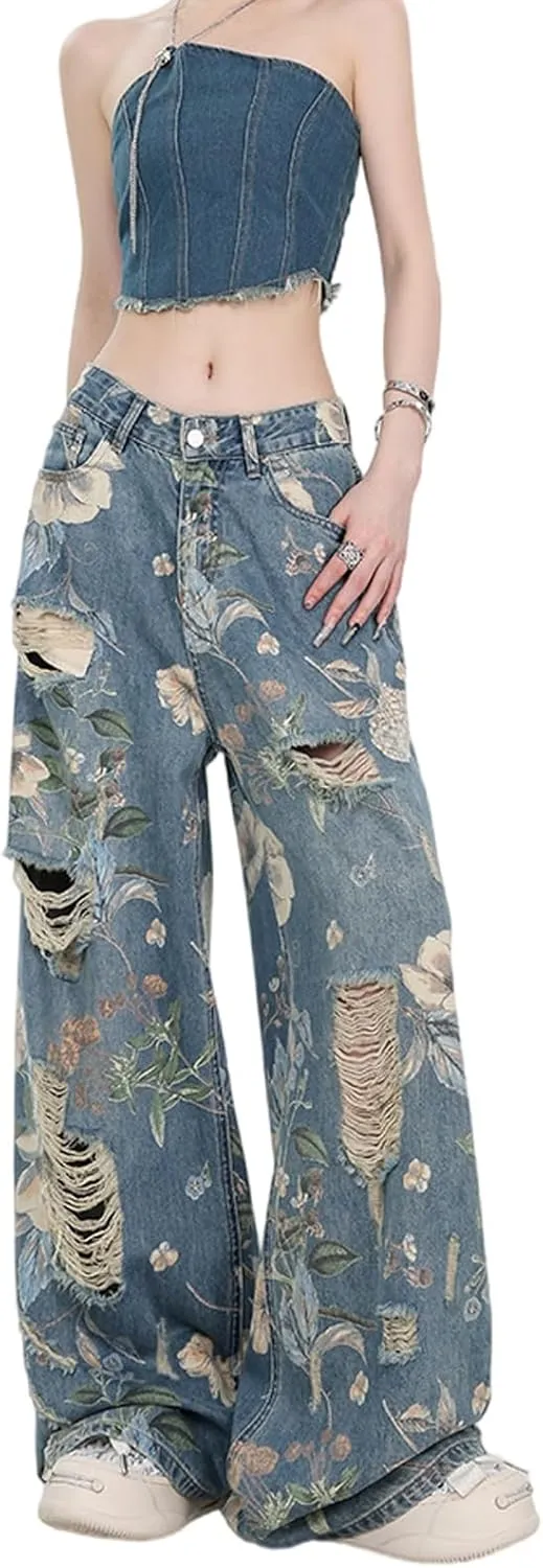 Women's Jeans, Women's Retro Floral Print with Holes, Loose Straight Leg Wide Leg Denim Pants, Y2K Jeans