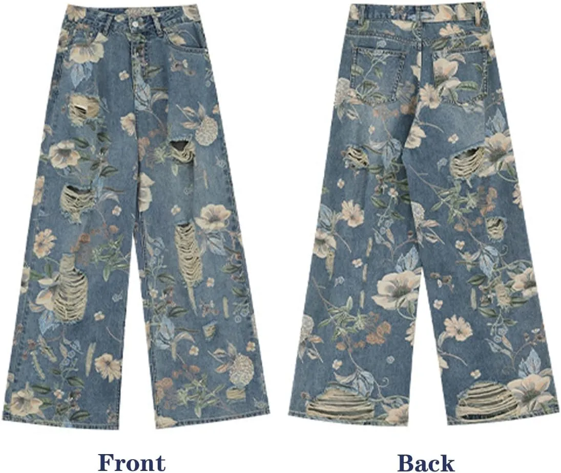 Women's Jeans, Women's Retro Floral Print with Holes, Loose Straight Leg Wide Leg Denim Pants, Y2K Jeans