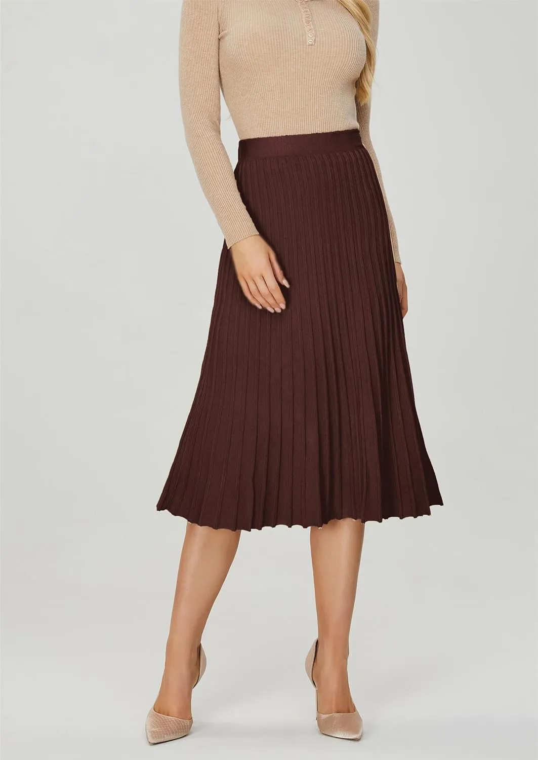 Women's Knit Maxi Pleated Skirts, High Waist Elastic A Line Long Skirt for Fall Winter