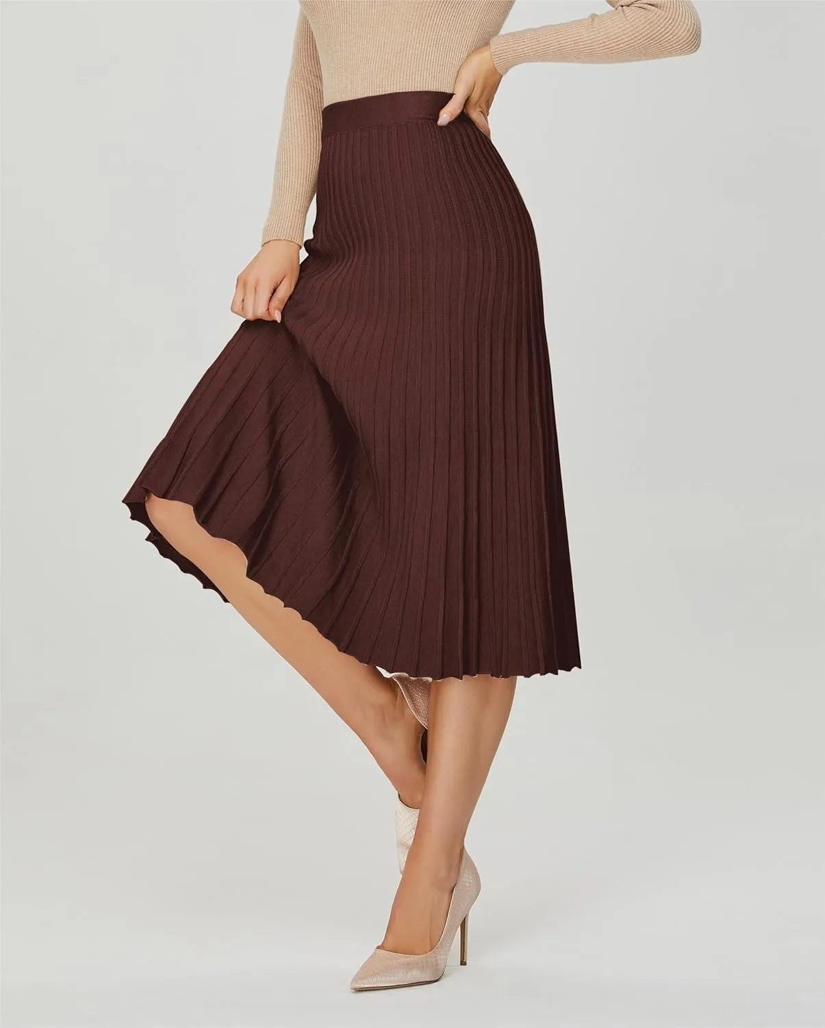 Women's Knit Maxi Pleated Skirts, High Waist Elastic A Line Long Skirt for Fall Winter