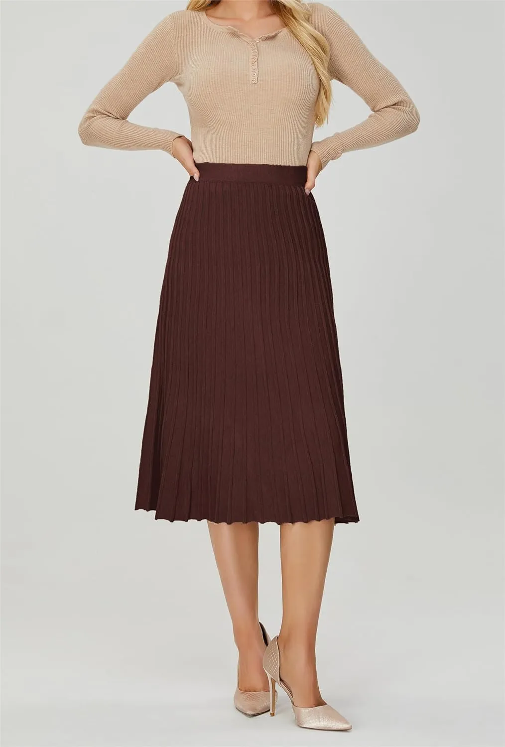 Women's Knit Maxi Pleated Skirts, High Waist Elastic A Line Long Skirt for Fall Winter