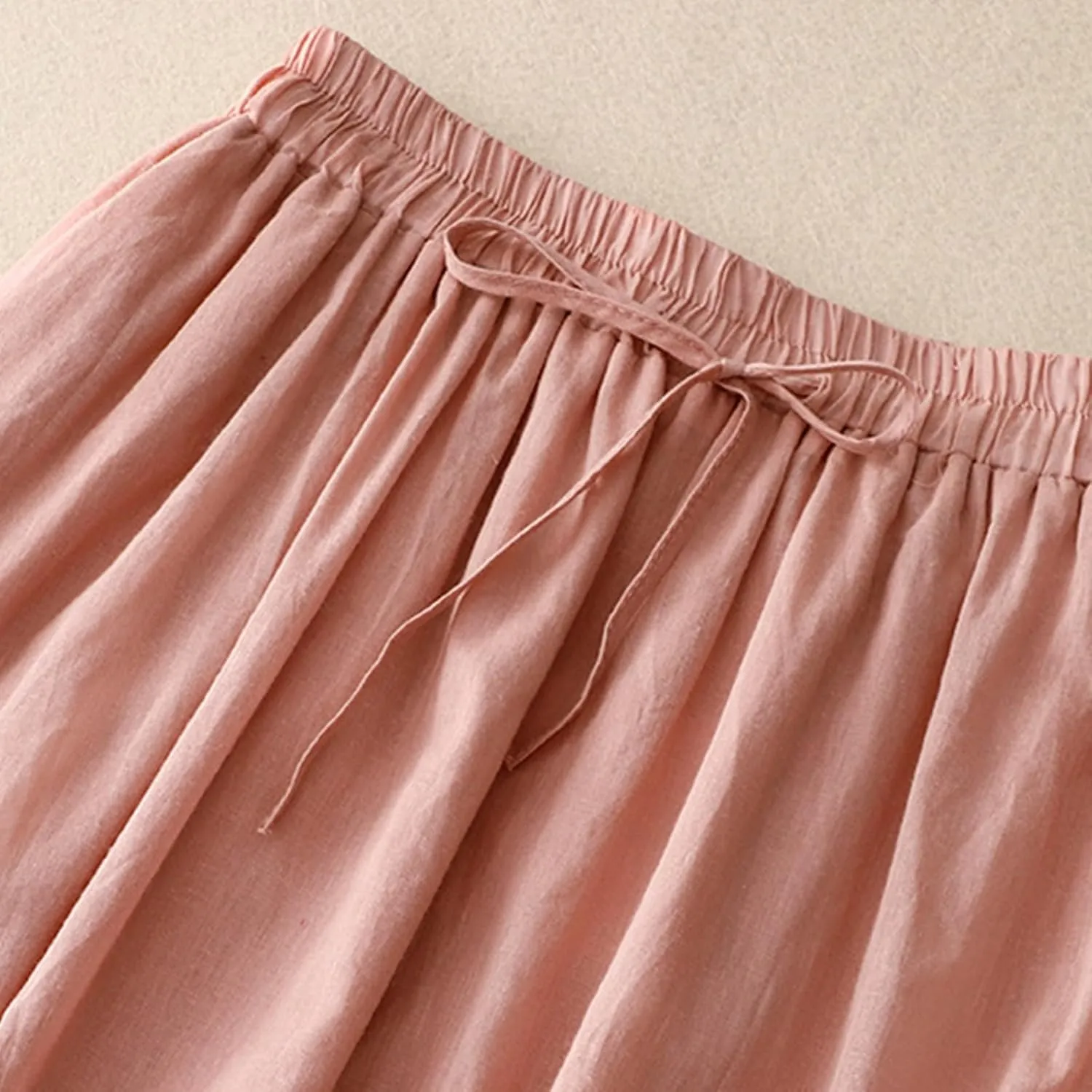 Women's Lace Cotton Linen Skirt Trendy Lightweight Midi Length Skirt Drawstring Waist A Line Beach Flowy Long Skirts