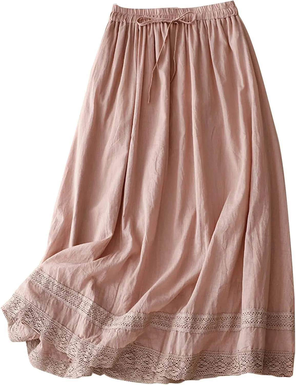 Women's Lace Cotton Linen Skirt Trendy Lightweight Midi Length Skirt Drawstring Waist A Line Beach Flowy Long Skirts