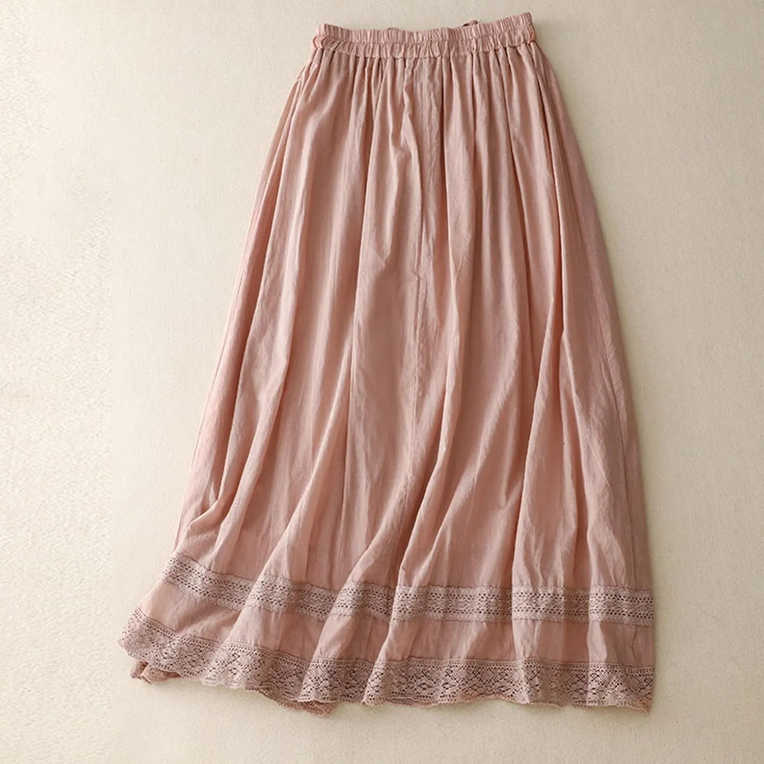 Women's Lace Cotton Linen Skirt Trendy Lightweight Midi Length Skirt Drawstring Waist A Line Beach Flowy Long Skirts