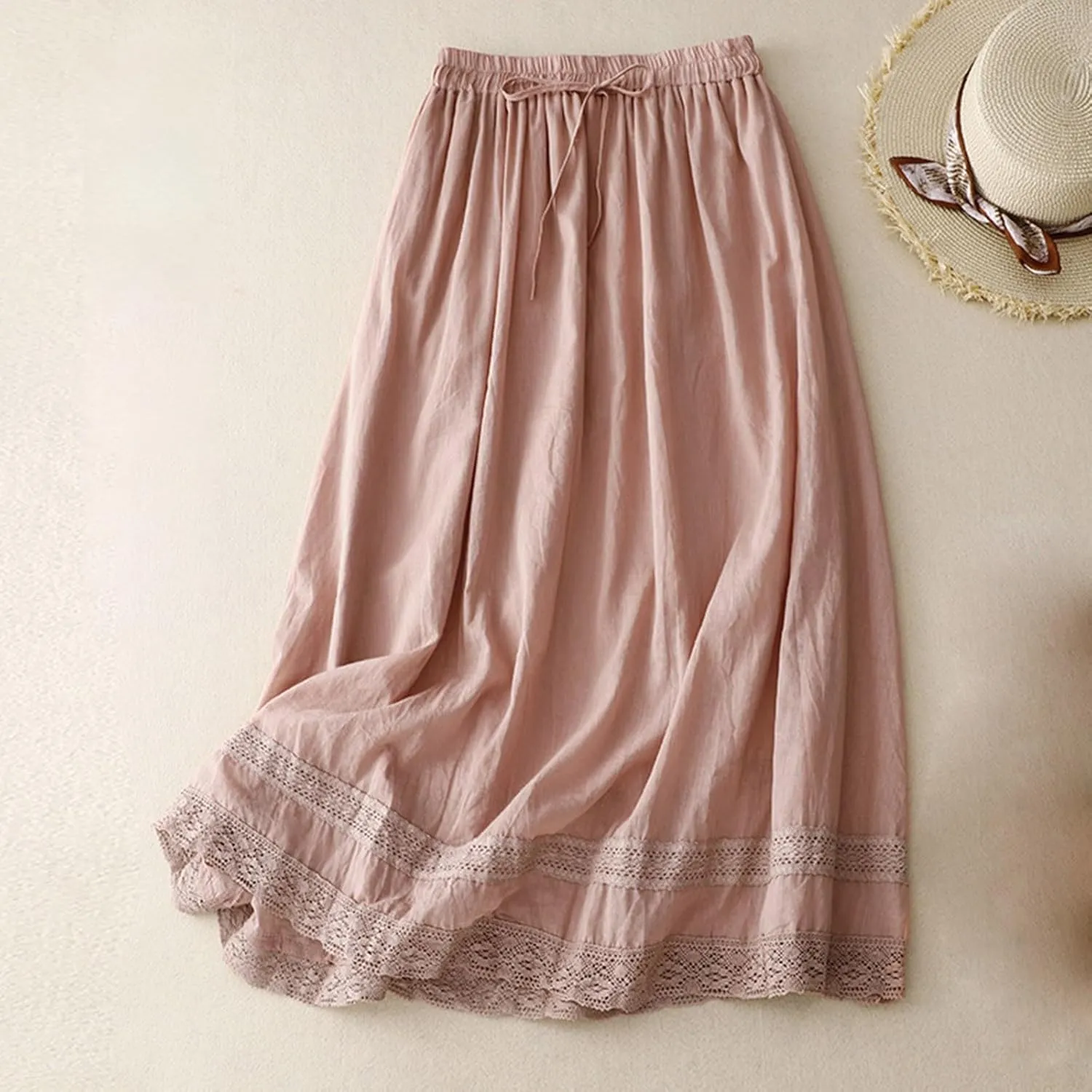 Women's Lace Cotton Linen Skirt Trendy Lightweight Midi Length Skirt Drawstring Waist A Line Beach Flowy Long Skirts
