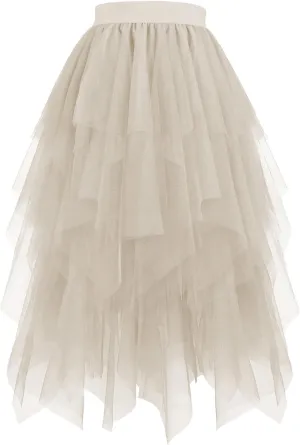 Women's Layered Tulle Skirt High Low Irregular Hem Midi Length Tutu Skirts Elastic Waist Prom Party Fairy Skirt