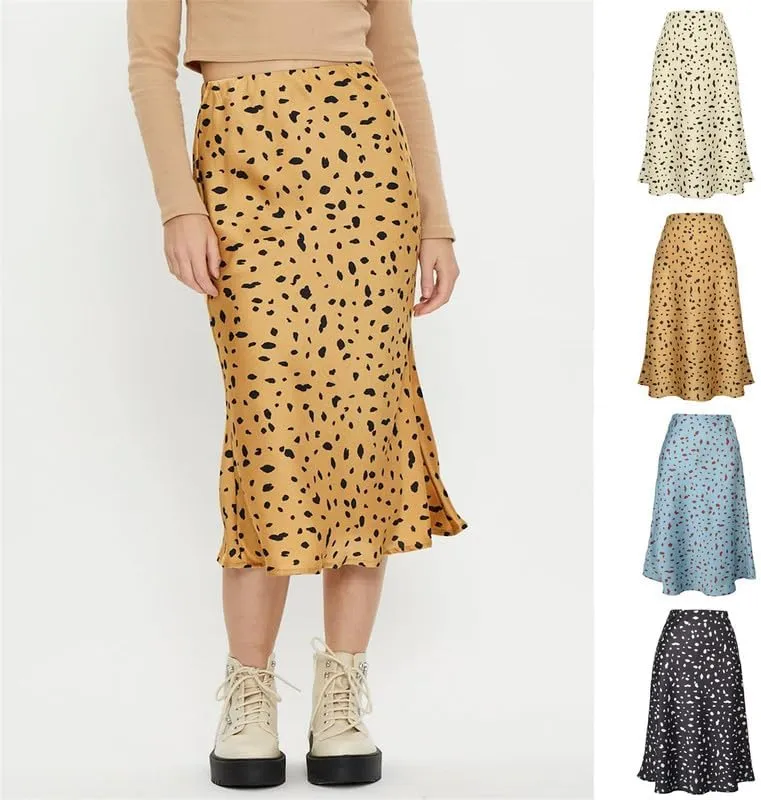 Women's Leopard Skirt Ombre Lightweight Flare Midi Length High Waist Cheetah Skirt