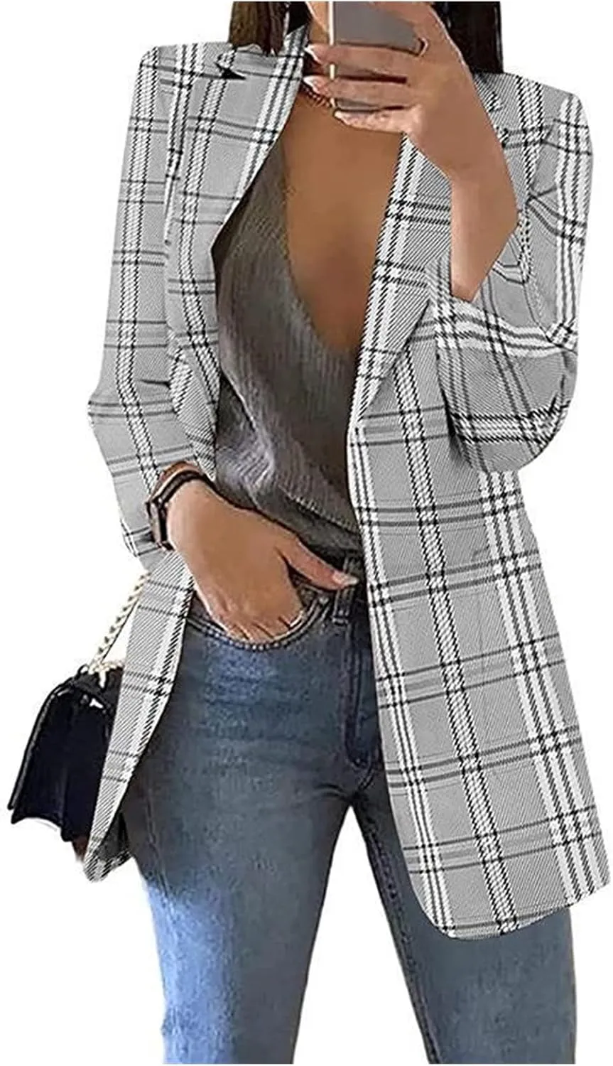 Women's Lightweight Plaid Blazers Casual Long Sleeve Notch Lapel Button Slim Work Office Blazer Jacket Fall Coat