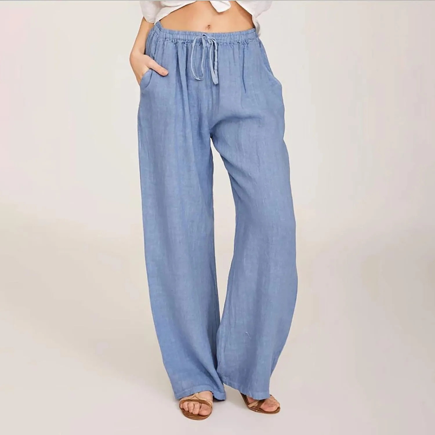 Women's Linen Blend Pants Loose Wide Leg Casual Straight Pants Lightweight Summer Beach Pants for Travel Vacation