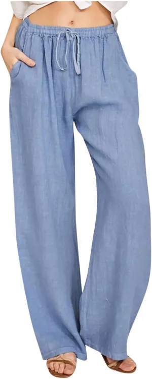 Women's Linen Blend Pants Loose Wide Leg Casual Straight Pants Lightweight Summer Beach Pants for Travel Vacation