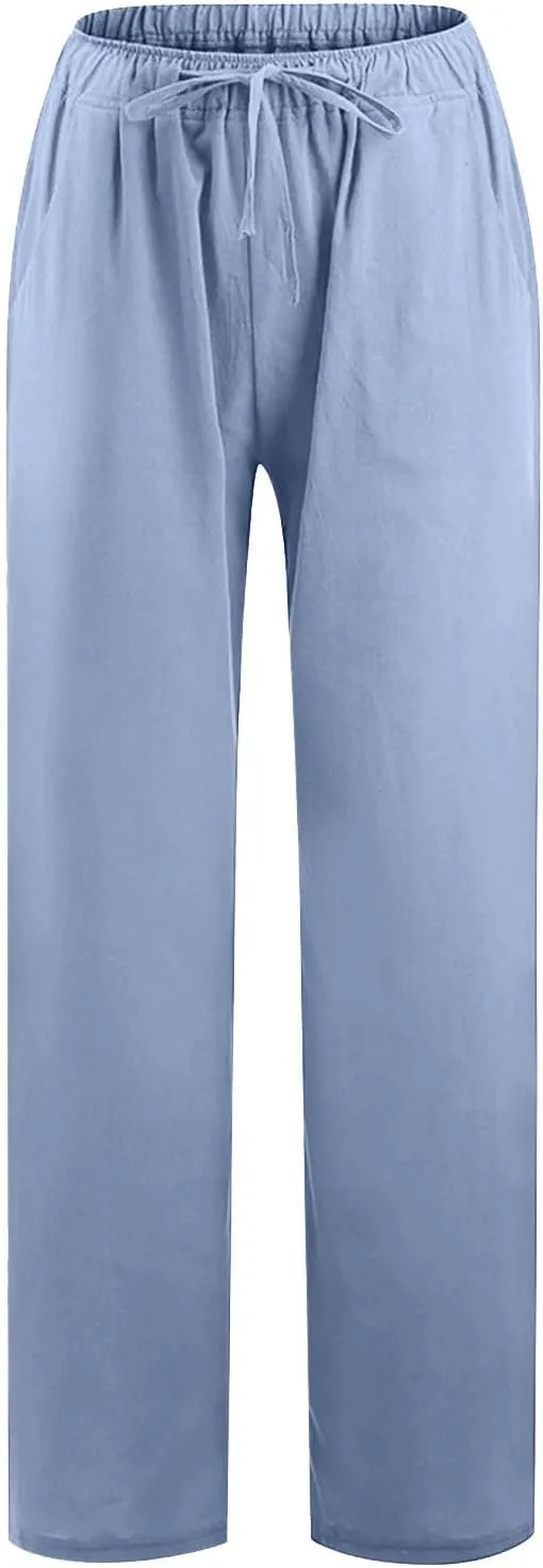 Women's Linen Blend Pants Loose Wide Leg Casual Straight Pants Lightweight Summer Beach Pants for Travel Vacation
