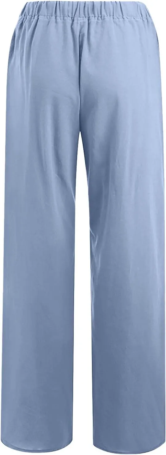 Women's Linen Blend Pants Loose Wide Leg Casual Straight Pants Lightweight Summer Beach Pants for Travel Vacation