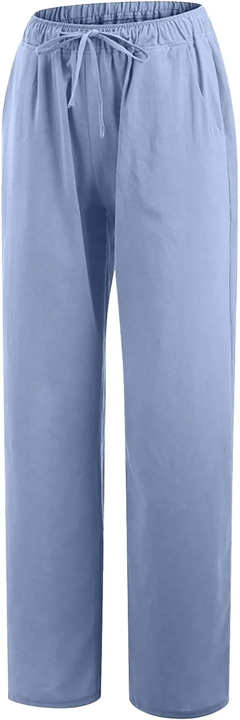 Women's Linen Blend Pants Loose Wide Leg Casual Straight Pants Lightweight Summer Beach Pants for Travel Vacation