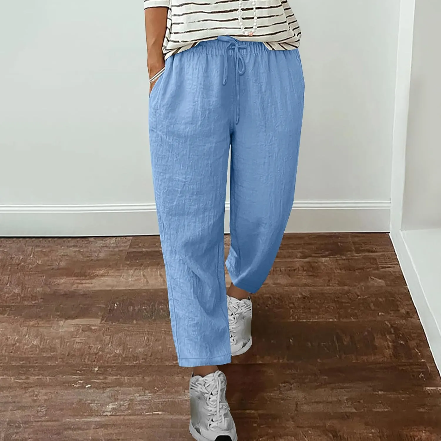 Womens Linen Capri Pants 2025 Elastic Waist with Drawstring Petite Summer Cropped Trouser Beachwear Lightweight Pants