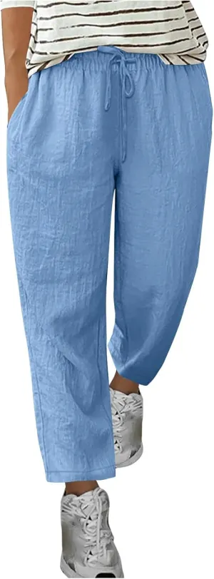 Womens Linen Capri Pants 2025 Elastic Waist with Drawstring Petite Summer Cropped Trouser Beachwear Lightweight Pants