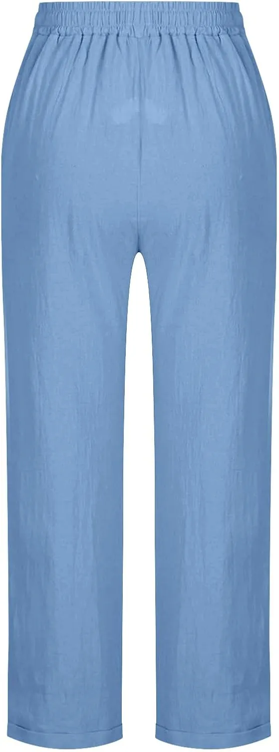 Womens Linen Capri Pants 2025 Elastic Waist with Drawstring Petite Summer Cropped Trouser Beachwear Lightweight Pants