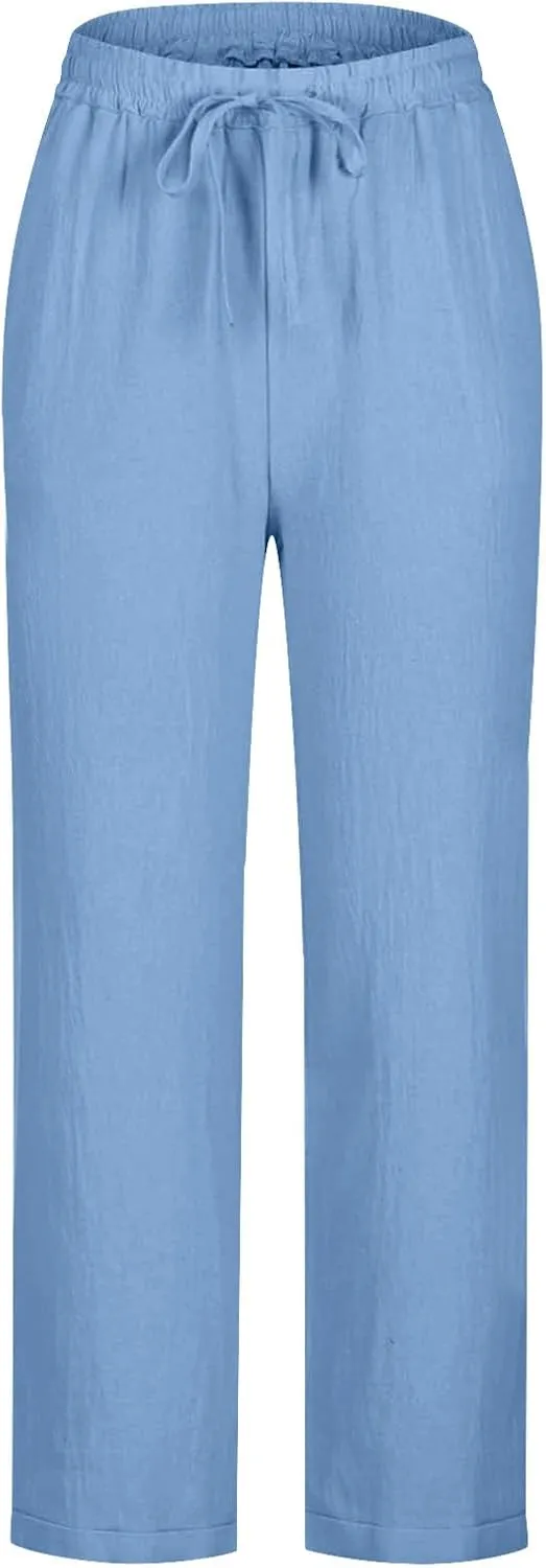 Womens Linen Capri Pants 2025 Elastic Waist with Drawstring Petite Summer Cropped Trouser Beachwear Lightweight Pants