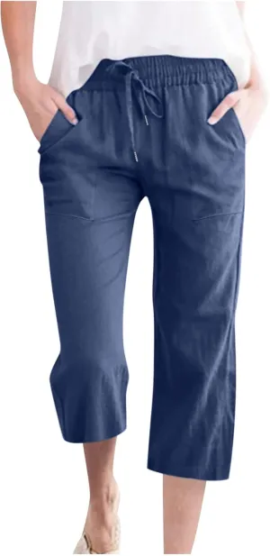 Womens Linen Capri Pants Drawstring Palazzo Trousers Wide Leg Athletic Casual Pants 2025 Trendy Summer Loose Fit Pant