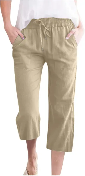 Womens Linen Capri Pants Drawstring Palazzo Trousers Wide Leg Athletic Casual Pants 2025 Trendy Summer Loose Fit Pant