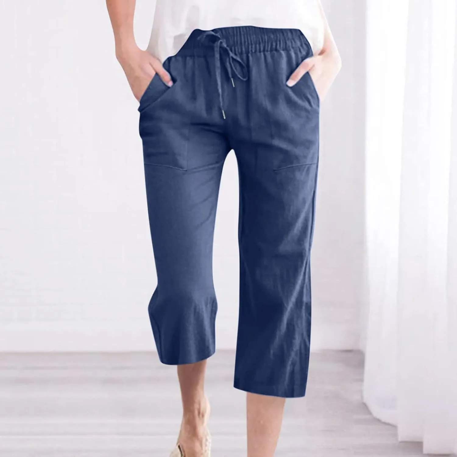 Womens Linen Capri Pants Drawstring Palazzo Trousers Wide Leg Athletic Casual Pants 2025 Trendy Summer Loose Fit Pant