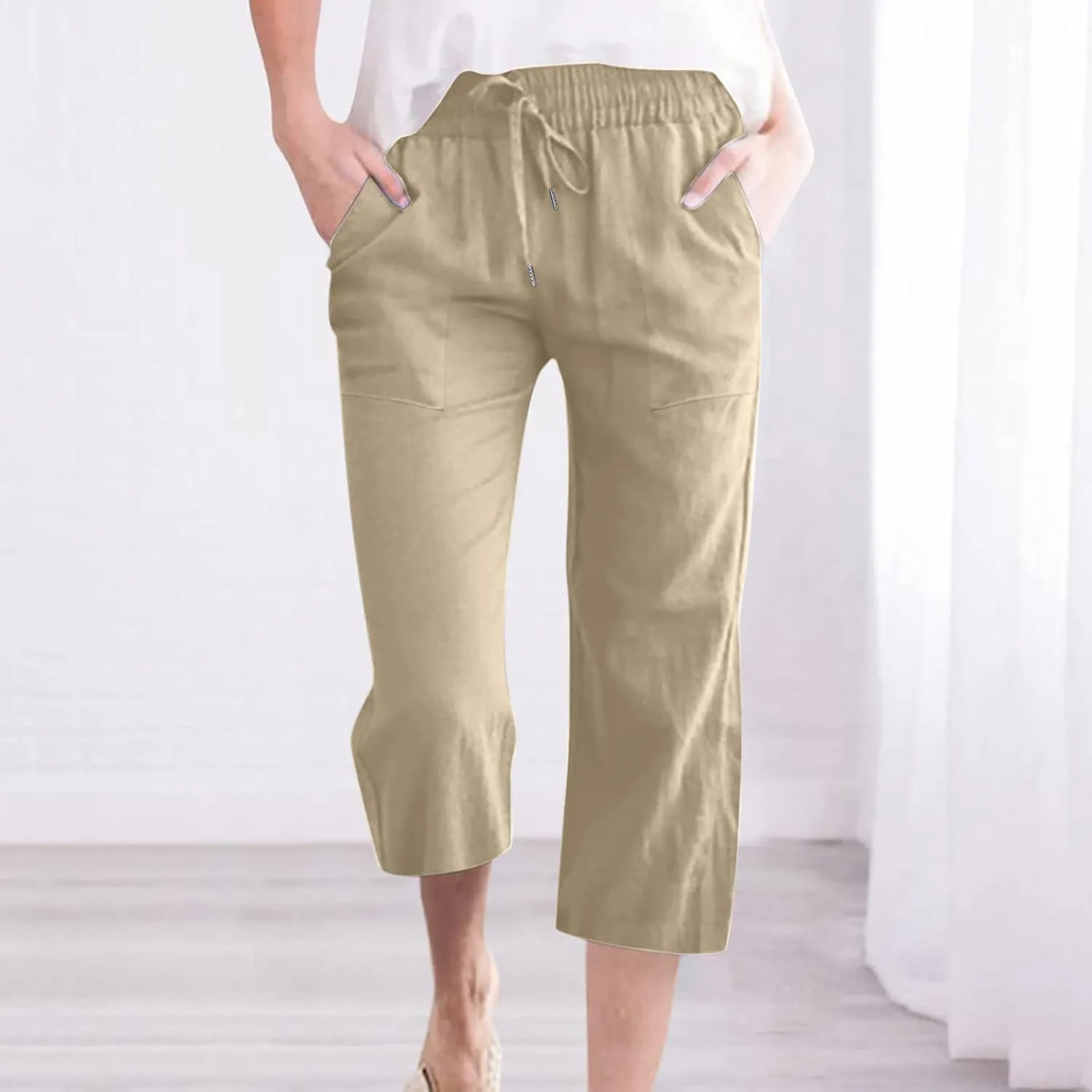 Womens Linen Capri Pants Drawstring Palazzo Trousers Wide Leg Athletic Casual Pants 2025 Trendy Summer Loose Fit Pant