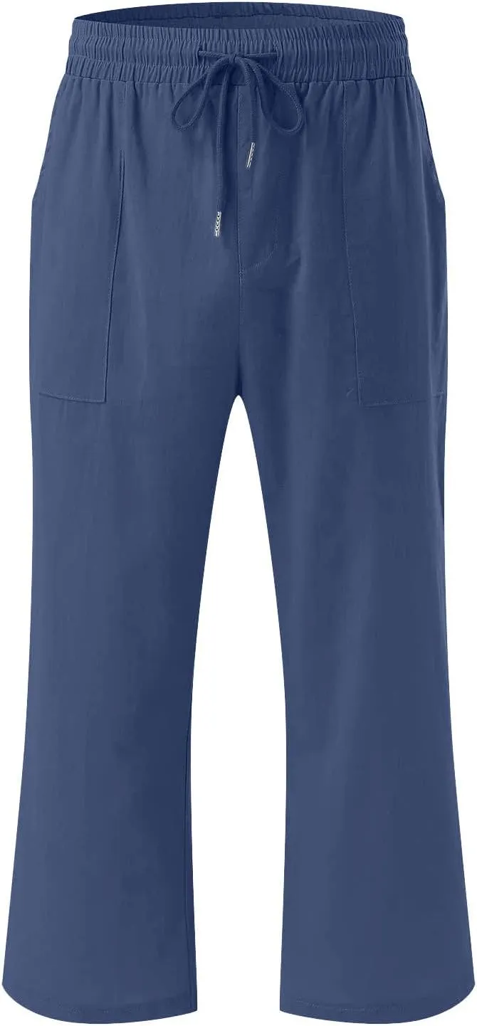 Womens Linen Capri Pants Drawstring Palazzo Trousers Wide Leg Athletic Casual Pants 2025 Trendy Summer Loose Fit Pant