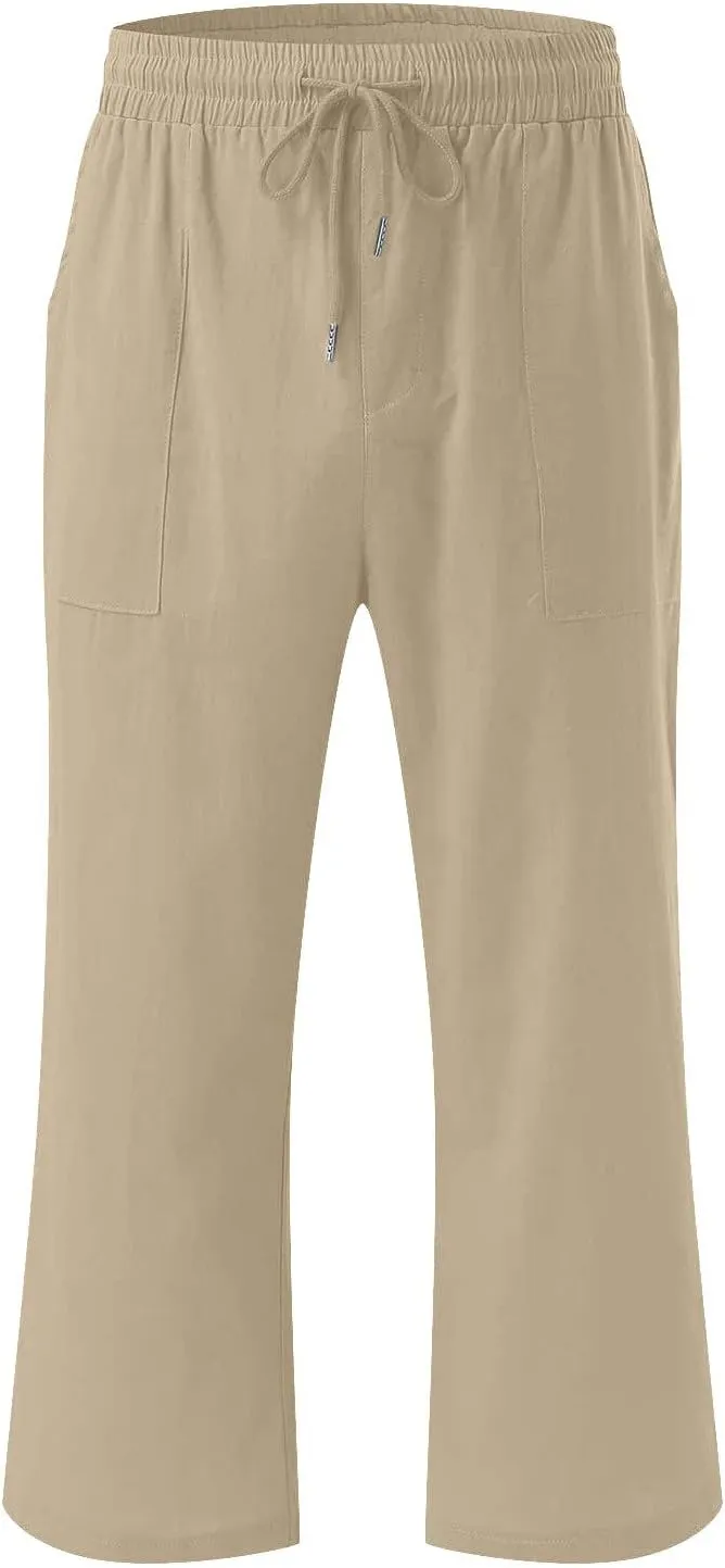 Womens Linen Capri Pants Drawstring Palazzo Trousers Wide Leg Athletic Casual Pants 2025 Trendy Summer Loose Fit Pant