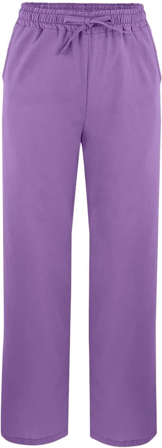 Women's Linen Cotton Pants Summer High Waisted Straight Casual Flowy Wide Leg Drawstring Trousers with Pockets