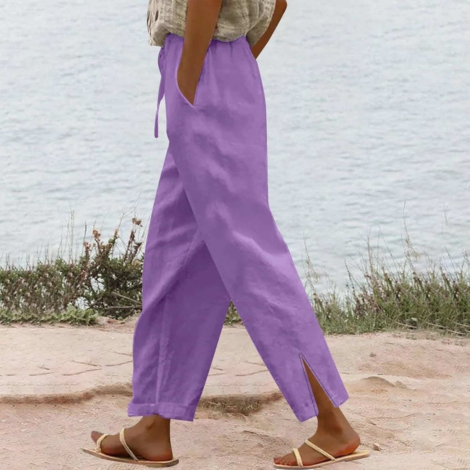 Women's Linen Cotton Pants Summer High Waisted Straight Casual Flowy Wide Leg Drawstring Trousers with Pockets