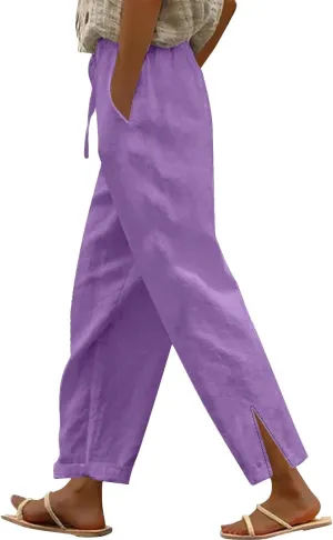 Women's Linen Cotton Pants Summer High Waisted Straight Casual Flowy Wide Leg Drawstring Trousers with Pockets