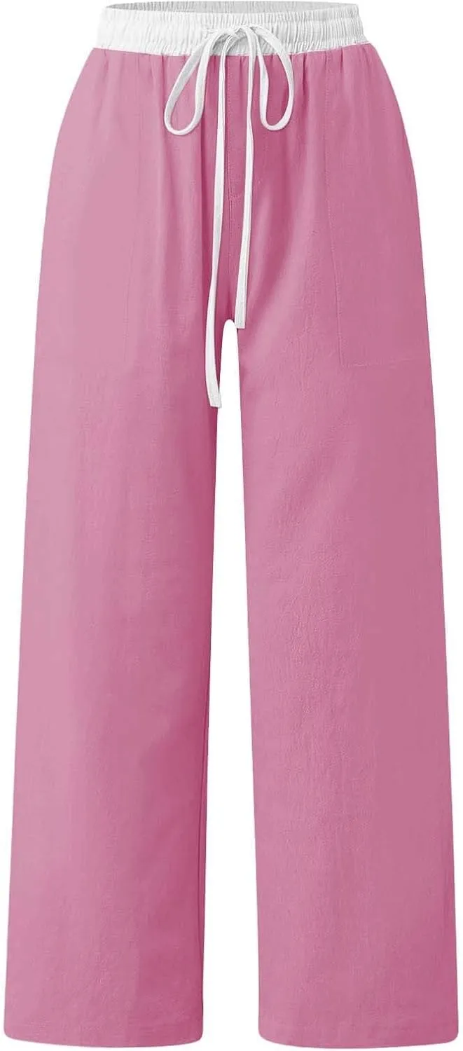 Womens Linen Palazzo Pants 2025 Summer Solid Elastic Waist Wide Leg Drawstring Casual Pant Baggy Flowy Lounge Trouser