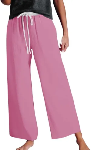 Womens Linen Palazzo Pants 2025 Summer Solid Elastic Waist Wide Leg Drawstring Casual Pant Baggy Flowy Lounge Trouser