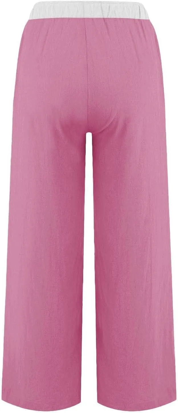 Womens Linen Palazzo Pants 2025 Summer Solid Elastic Waist Wide Leg Drawstring Casual Pant Baggy Flowy Lounge Trouser