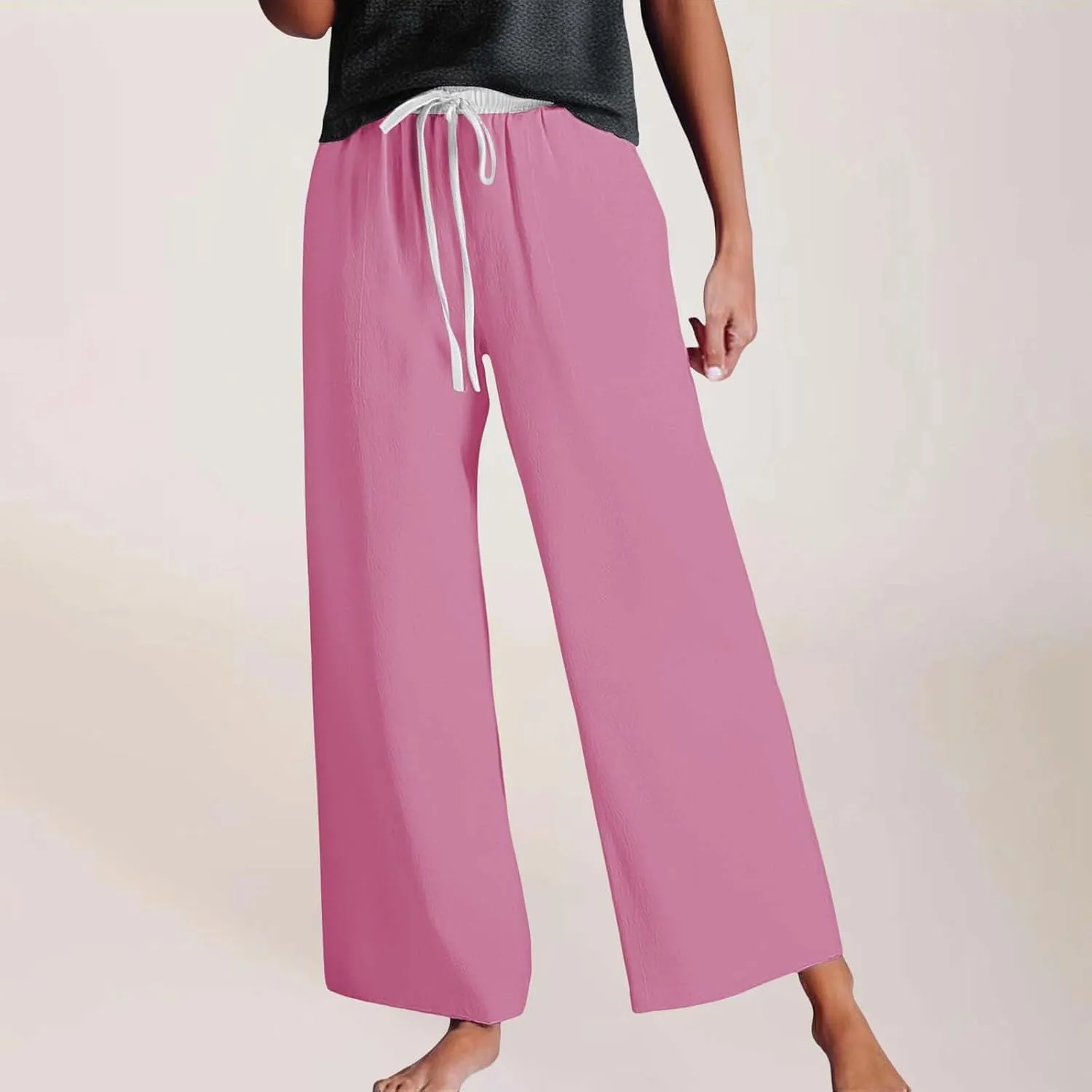 Womens Linen Palazzo Pants 2025 Summer Solid Elastic Waist Wide Leg Drawstring Casual Pant Baggy Flowy Lounge Trouser