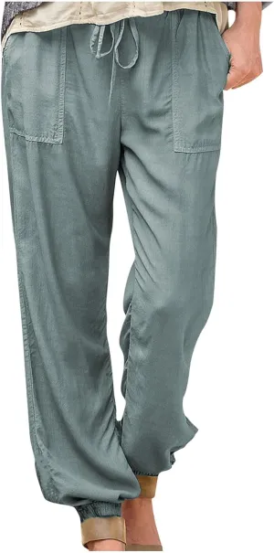 Womens Linen Pants 2025 Summer Casual Drawstring High Waist Loose Lounge Trousers Beach Summer Pant with Pockets