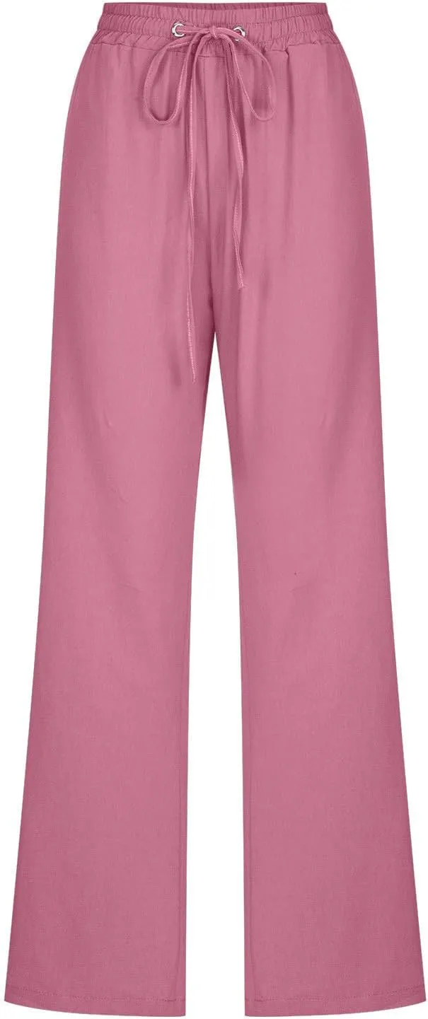 Womens Linen Pants Casual Loose Elastic Waist Drawstring Trousers Trendy Straight Leg Lounge Pants with Pockets